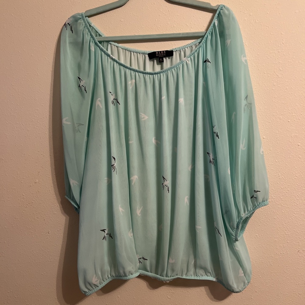 Alex Marie Sheer Mint Blousy Top With Birds 1X